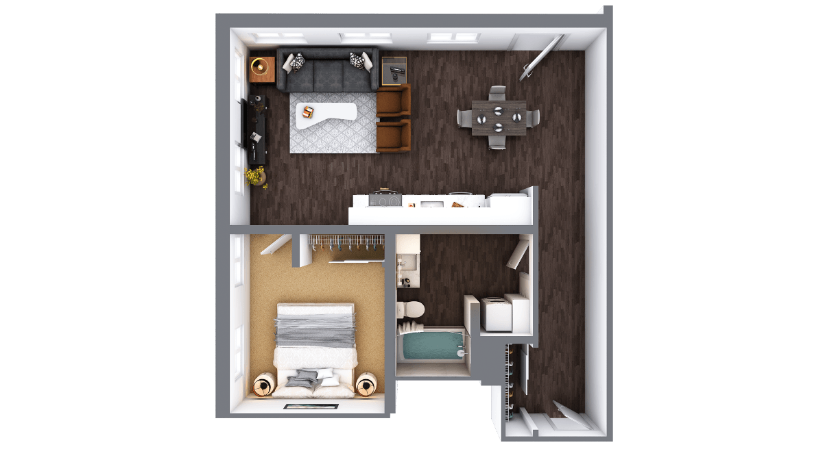 Floor plan for 1 bed, 1 bath, 797 sqft